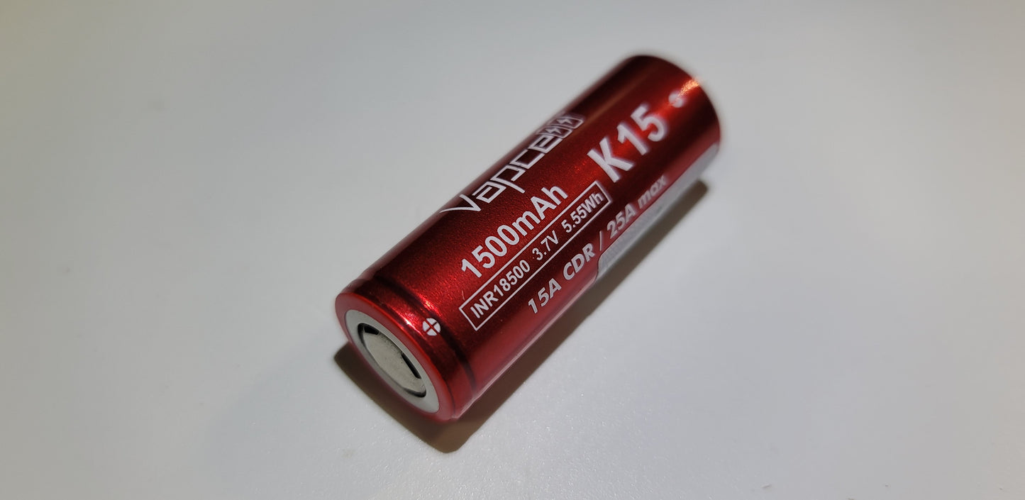Vapcell K15 18500 1500mAh 15A Li-ion Rechargeable Battery **** HAS TO BE SHIPPED WITH FLASLIGHT + FEDEX ***