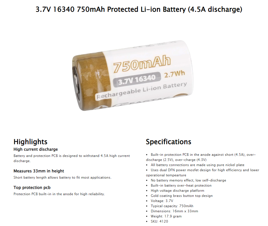 EAGTAC D3C 16340 Battery 3.7v 750mAh Protected Li-ion Rechargeable Battery **** HAS TO BE SHIPPED WITH FLASLIGHT + FEDEX ***