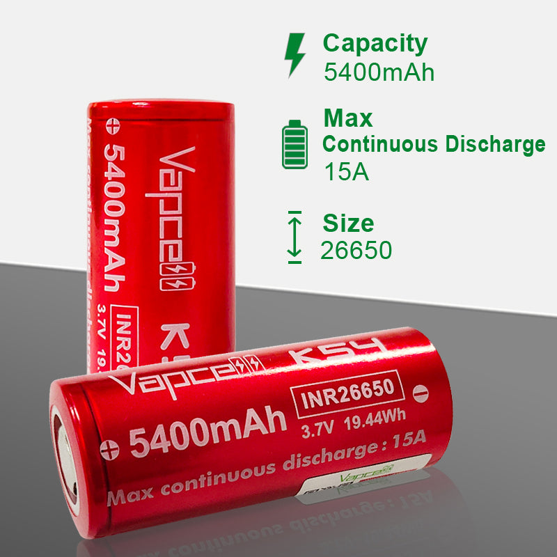 Vapcell 26650 K54 5400mah 15A Lithium-Ion Rechargeable Battery **** HAS TO BE SHIPPED WITH FLASLIGHT + FEDEX ***