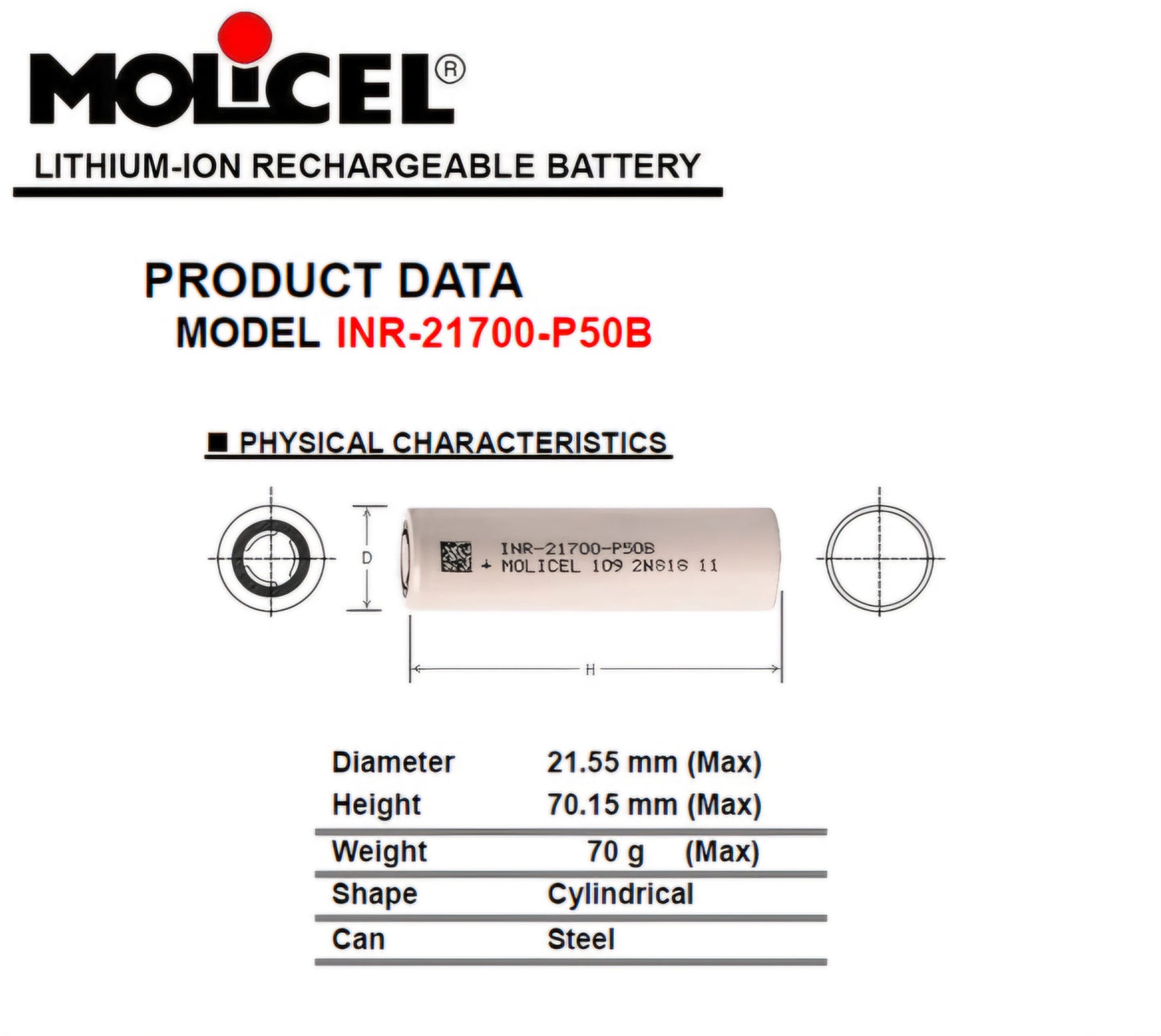 Molicel INR-21700-P50B 5000mah 60A 21700 Rechargeable Lithium-ion Battery