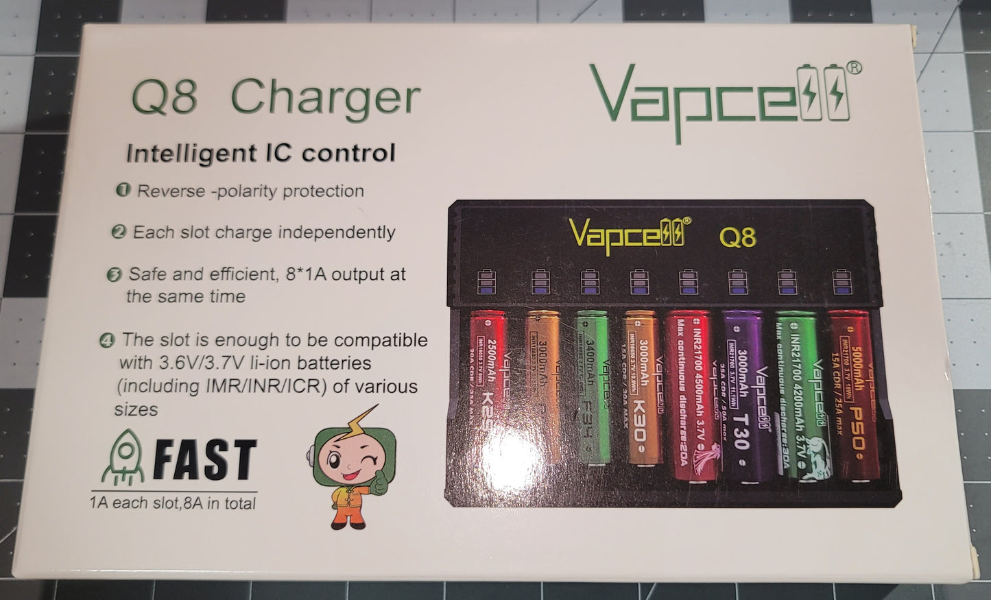 Vapcell Q8 8-Bay Li-ion 8A Fast Battery Charger 120v