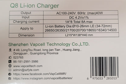 Vapcell Q8 8-Bay Li-ion 8A Fast Battery Charger 120v