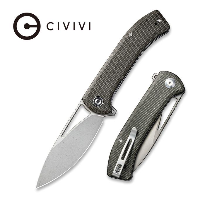 Civivi Riffle Flipper Knife Dark Green Micarta Handle (3.46" Gray Stonewashed 14C28N) C 2024C