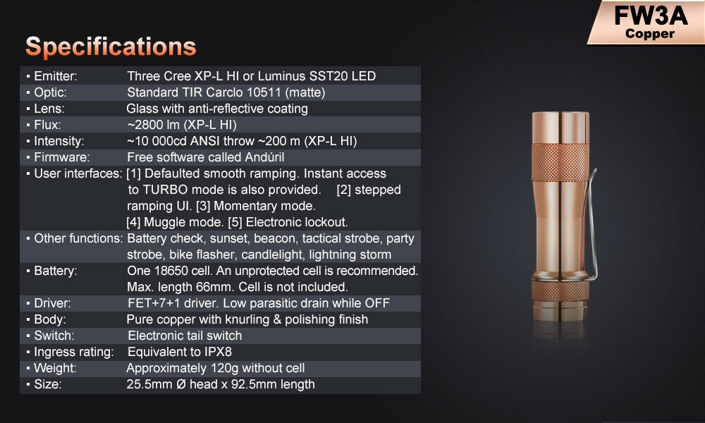 Lumintop FW3A FW3C 519A Copper LED Flashlight