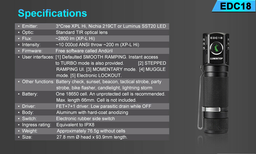 Lumintop EDC18 2800 Lumens Cree XP-L HI CW NW Nichia 219b