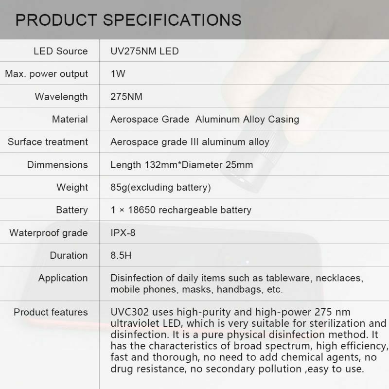 UVC302 UV-C 275NM Light Disinfection Sterilization UV LED Flashlight