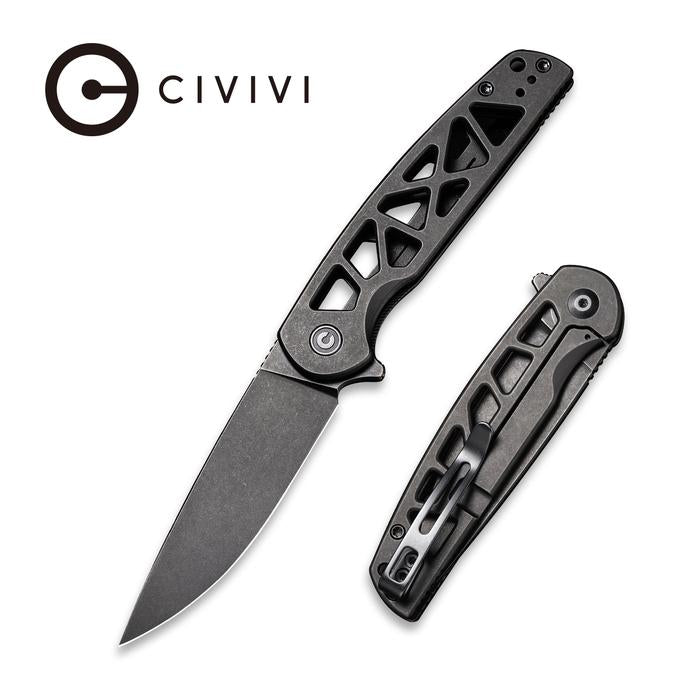 Civivi Perf Flipper Knife - Black Skeletonized Steel Handle (3.12'' Black Stonewashed Nitro-V) C 20006-B